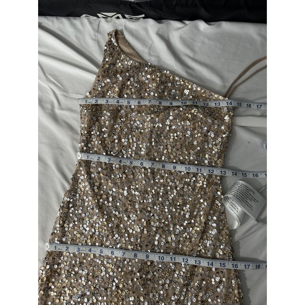 NEW $338 Mac‎ Duggal [ 0 ] Sequin One Shoulder Gown 10729  Nude Gold #S1145 - Picture 3 of 15